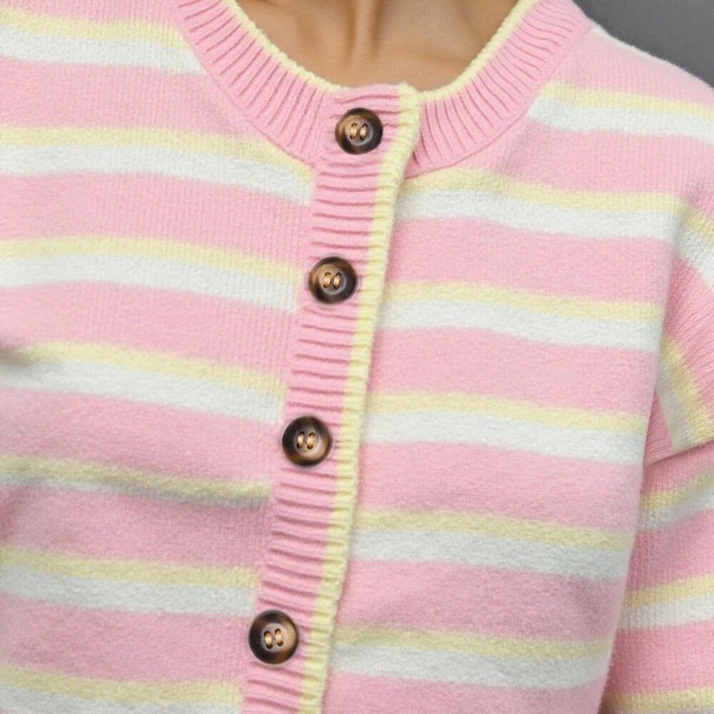 Pink Chic Women's Striped Crewneck Cardigan - Picture 3 of 8
